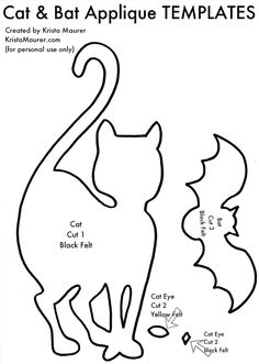 the cat and bat applique templates are shown in black and white ink