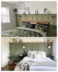 two pictures of a bed with green headboard and pillows on it, one is made in