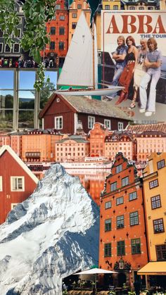 the collage shows many different buildings and mountains