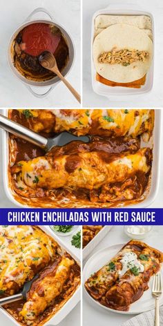 chicken enchiladas with red sauce in a casserole dish