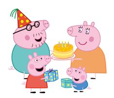 peppa pig family with birthday cake and presents on white background, cartoon character illustration