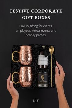 two hands holding copper mugs with gold handles and the words festive corporate gift boxes