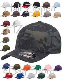 Flexfit - Structured Twill Cap - 6277 - S-2XL - 34 Colors - NEW!!! *Please View all  FLEXFIT hats  available now in our eBay Store* Fitted, six-panel, mid-profile cap is structured with buckram backing. 63/34/3 polyester/cotton/spandex twill Multicam is 98/2 cotton/spandex Kryptek is 100% polyester Structured, mid-profile, six-panel Permacurv® Visor, silver undervisor Multicam has a black undervisor Alpine has a white undervisor Sewn eyelets Sizes: S/M (6 3/4"-7 1/4"), L/XL (7 1/8"-7 5/8"), XL/2 Black Multicam, Multicam Tropic, Brown Car, Multicam Black, Bar Logo, Fitted Caps, The One And Only, Carolina Blue, Stuffed Green Peppers