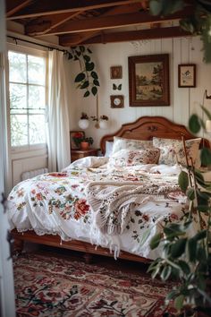 a bed sitting in a bedroom next to a window covered in white sheets and blankets