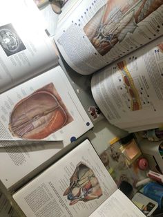 several pages of medical diagrams are spread out on top of each other with scissors and glue