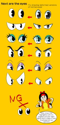 cartoon eyes with different shapes and sizes on the bottom right hand corner, which shows how to draw them