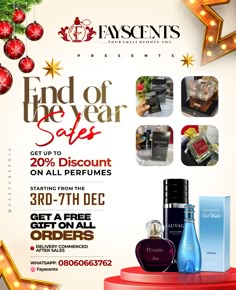 an advertisement for the end of the year sale with christmas decorations and gifts on display