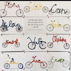 several different types of bicycles with names on them