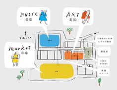 a map with people walking around it and some words above the image that read music art market