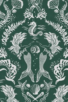 a green and white wallpaper with two mermaids