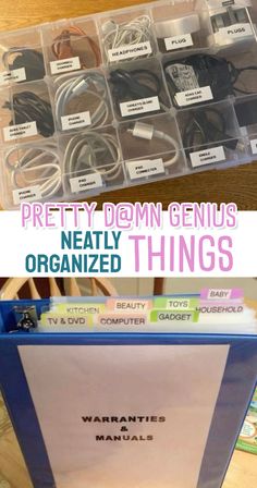 there are many different types of cords in this box and the words, pretty dorm genius neatty organized things