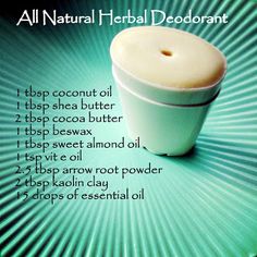 a cup that is sitting on top of a green plate with the words, all natural herb deodorant