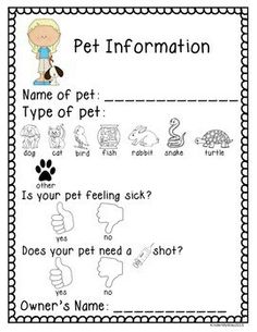 a pet information sheet with pictures of dogs, cats and other things to write on it