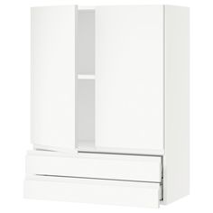 a white cabinet with two doors and drawers on the bottom, one door open to reveal something