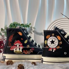 🌿 Love Embroidered Converse 🌿 ❤️ About Our Products: Each pair of shoes from our store is brand new and hand-embroidered to order. Please ensure you select the correct shoe size before checkout. The embroidery is durable and won't fade over time. ✨ Personal Expression: Showcase your unique style with custom embroidery! Contact me to create your own embroidered shoes with a private listing. I'll send you the design for approval before embroidering the shoes. Alternatively, you can design your p Converse Mushroom, Embroidered Sneakers, Embroidered Shoes, Mushroom Design, Autumn Vibes, Nature Inspired Design