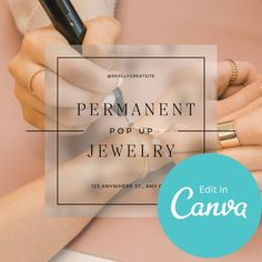 a person holding a pen and writing on a piece of paper with the words permanent pop up jewelry