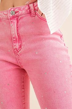 Studded Rhinestone Distressed Knee Edge Stretch High Rise Denim Jeans Fabric Contents: 100 % COTTON Non-stretch fabric Non-sheer fabric Size Measurement (inch): S: 13.0 (Waist), - (Hips), 23.8 (Inseam), 34.3 (Length) M: 13.5 (Waist), - (Hips), 24.3 (Inseam), 35.0 (Length) L: 114.0 (Waist), - (Hips), 24.8 (Inseam), 35.8 Star Jacket, Pink Print Dress, Hot Pink Tops, Star Motif, High Rise Denim Jeans, Studded Jeans, Long Fringe, Jeans Fabric, Cropped Flare Jeans