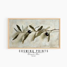 an oil painting of olives on a branch with the words cosmonia prints above it