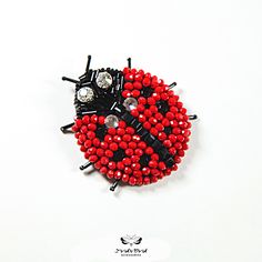 a ladybug brooch with red and black beads on it's back