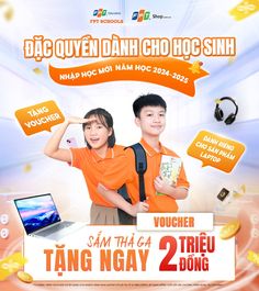 an advertisement for two young people with headphones on and one holding a laptop computer