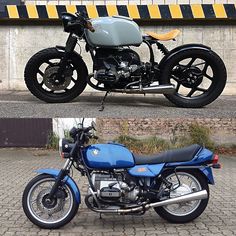 two motorcycles parked next to each other in front of a building