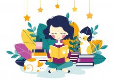 a girl reading a book surrounded by books, cats and plants with stars hanging from the ceiling