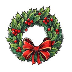 a christmas wreath with red bows and holly berries on it's side, isolated against a white background