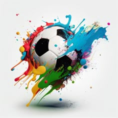 a soccer ball with colorful paint splatters on it's face and bottom