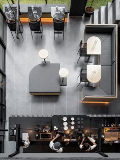 an overhead view of a restaurant with tables and chairs