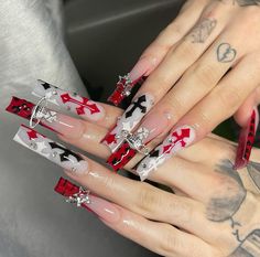 Red And Grey Nails Design, Red Nail Sets, Punk Nails, Red Acrylic Nails, Drip Nails, Edgy Nails, Glamour Nails