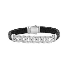 Amp up his casual style with this chunky diamond and leather bracelet. Sterling silver Curb links lined with round-cut diamonds center the design Woven black leather covers the flat bracelet Total diamond weight is 1/2 carat 8 inches with push-button box clasp Flat Bracelet, Gold Layered Bracelets, Neil Lane Engagement Rings, Pearl Diamond Jewelry, Chain Braid, Cross Jewelry Necklace, Fan Jewelry, Bezel Engagement Ring, Diamond Wedding Rings Sets