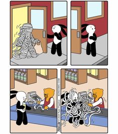 comic strip with cartoon characters in front of a pile of books and an open door