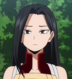 an anime character with long black hair wearing a yellow top and red collared shirt