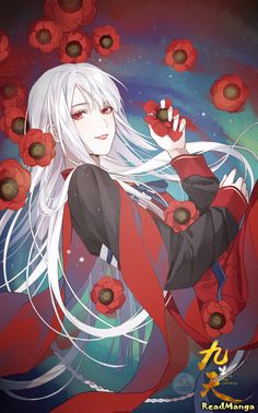 an anime character with long white hair and red flowers