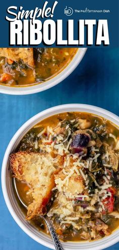 two white bowls filled with soup on top of a blue table