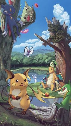 the pokemons are playing in the park together