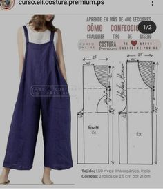 a woman in overalls is standing next to the measurements for her pants and top