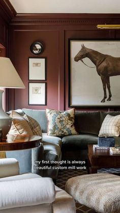 a living room filled with furniture and pictures on the wall