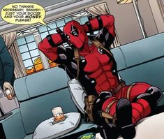 a deadpool is sitting on the couch with his head in his hands and another person standing next to him