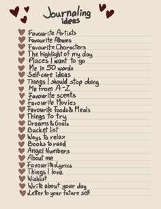 a list with hearts and the words journaling ideas