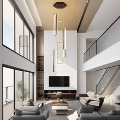 a large living room with high ceilings and modern furniture