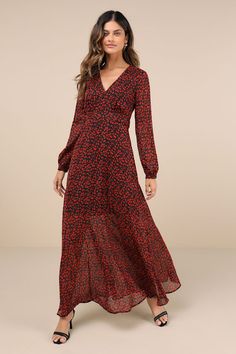 Stroll through the day feeling effortlessly sweet thanks to the Enchanting Energy Black and Red Floral Long Sleeve Maxi Dress! Lightweight woven chiffon, with a cute red floral print throughout, shapes a lightly gathered bodice, a V-neckline, and semi-sheer long sleeves with a balloon-style silhouette and button cuffs. The high, banded waist features long sashes that tie at the back, all atop a flowy, A-line skirt that falls to a chic maxi hem. A button-loop closure secures above a keyhole cutou Red Chiffon Maxi Dress With Long Sleeves, Red Chiffon Long Sleeve Maxi Dress, Red Long Sleeve Chiffon Maxi Dress, Red Chiffon Maxi Dress With Floral Print, Red Floral Print Maxi Dress For Fall, Red Floral Print Maxi Dress For Date Night, Floral Long Sleeve Maxi Dress, Long Sleeve Floral Maxi Dress, Gathered Bodice