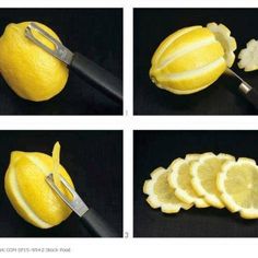 there are four pictures of lemons being cut into slices with a scissor