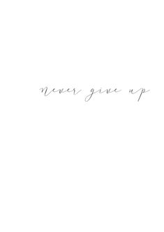 the words never give up are written in cursive writing on a white background