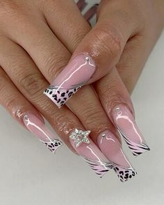 Zebra French Tip Nails Y2k, Pink N Black Acrylic Nails, 2007 Nails Acrylic, Colored French Tip Acrylics, Y2k Pink French Tip, 2000s Nail Trends, Y2k Almond Nails Designs, Cheetah Print And Pink Outfits, Zebra And Pink Nails