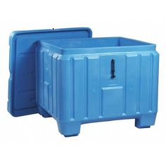 two blue plastic containers sitting side by side