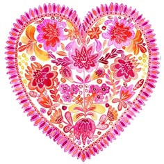 a heart shaped painting with flowers and butterflies on it's sides, painted in red, orange, yellow and pink colors