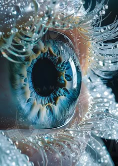 an eye with water droplets around it and the iris looking like something out of space