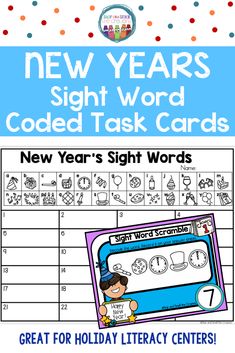 the new year's sight word code task cards for students to practice their language skills