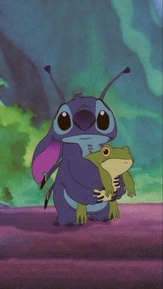 an animated character holding a frog in front of a green and purple background with trees